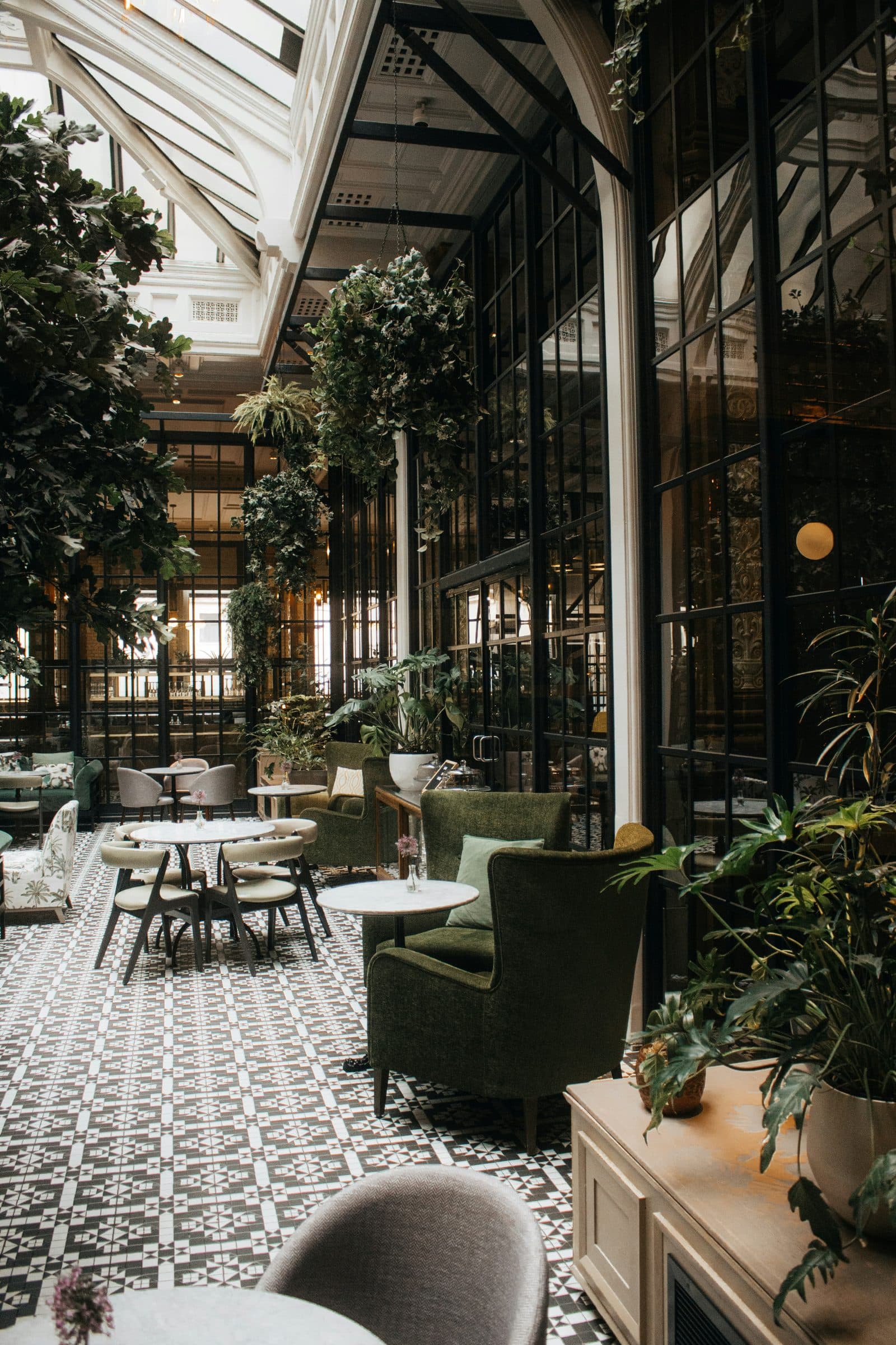 Salle d'un restaurant élégante, végétation et verrière